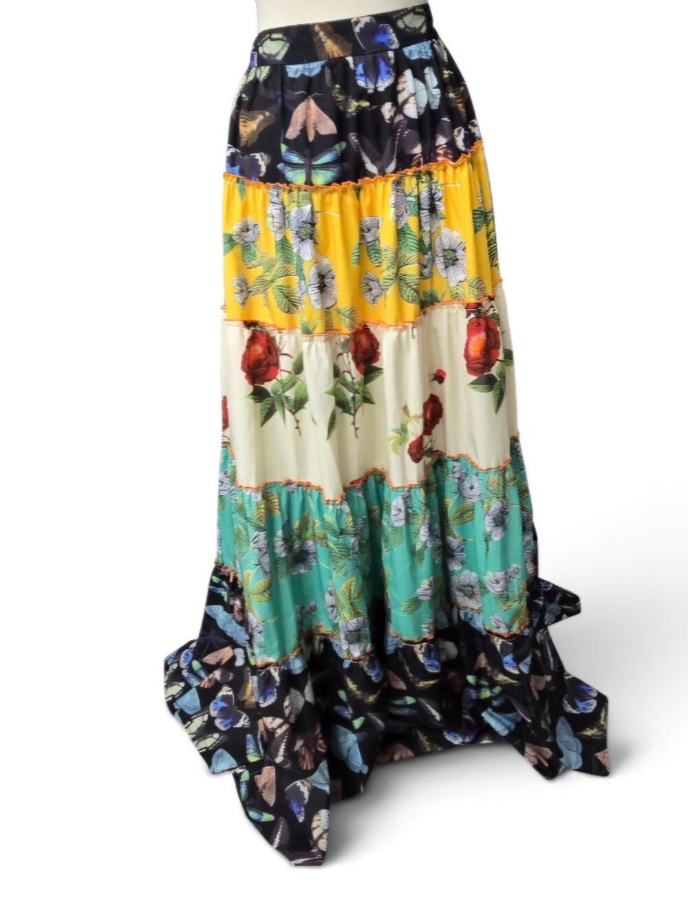 Fashion Nova‎ XL Patchwork Tiered Maxi Skirt Boho Butterfly Floral Ruffle Chic